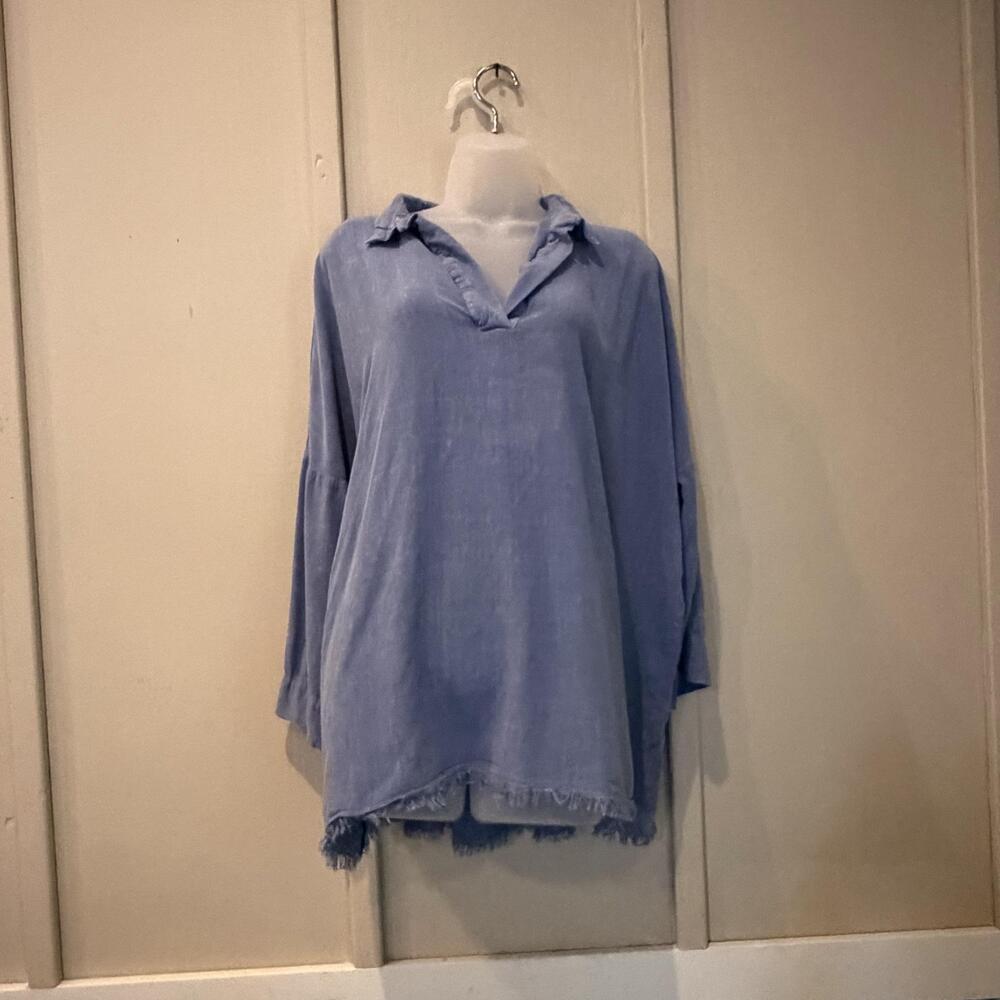 UMGEE Blouse Womens 2XL Blue Collared Long Bell Sleeve Fringe Tunic Woven Top